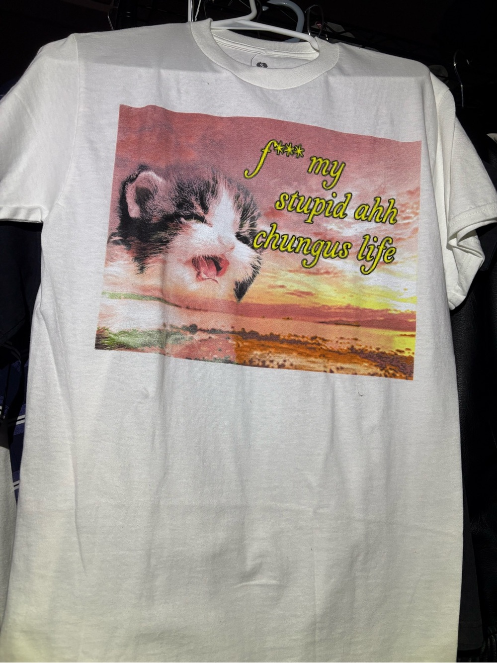 Hot Topic White Tee with Pink Sunset Cat Graphic and Yellow Text